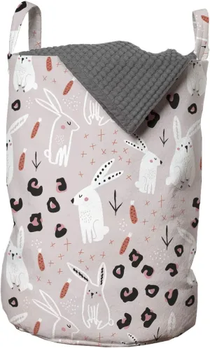 Ambesonne Rabbit Laundry Bag, Rhythmic Hand Drawn Like Bunnies Sketch Leo Print Dots Carrots Pattern, Hamper Basket with Handles Drawstring Closure for Laundromats, 13" x 19", Salmon White and Rose
