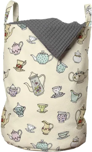 Ambesonne Tea Party Laundry Bag, Vintage Teapots and Cups with Colorful Floral Motifs Traditional Midday Break, Hamper Basket with Handles Drawstring Closure for Laundromats, 13" x 19", Multicolor