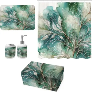 Ambesonne Teal Bathroom Decor Set 4 Pcs Including Shower Curtain with Hooks Bath Mat Soap Dispenser Toothbrush Holder in Box Essentials & Accessories, Marble Print Leaves, Cadet Blue Dark Khaki
