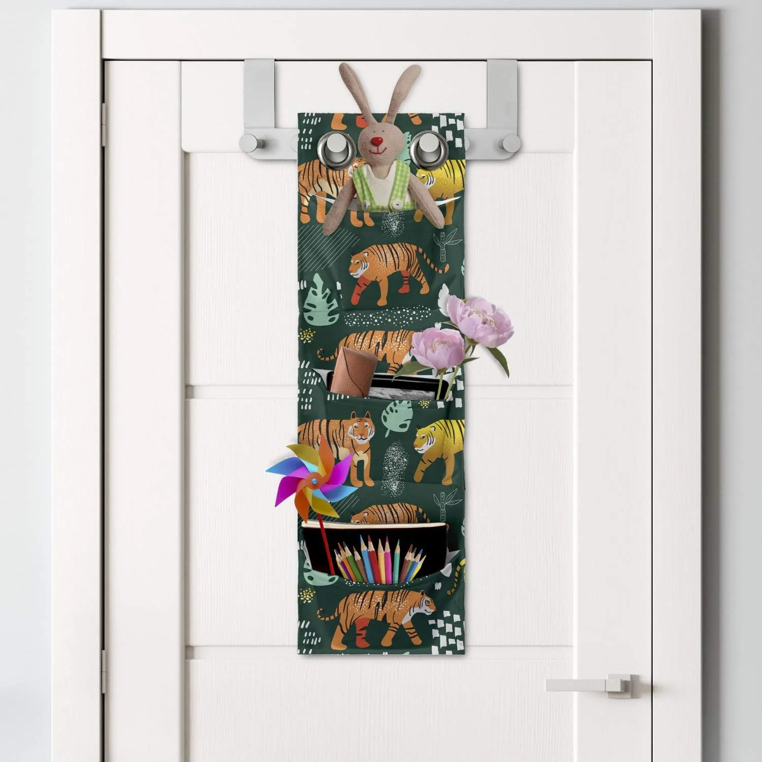 Ambesonne Tigers Hanging Pocket Organizer, Wildlife Interpretation of Jungle Animals, Printed Polyester Storage Bag with Pockets, 9" x 27", Hunter Green Multicolor