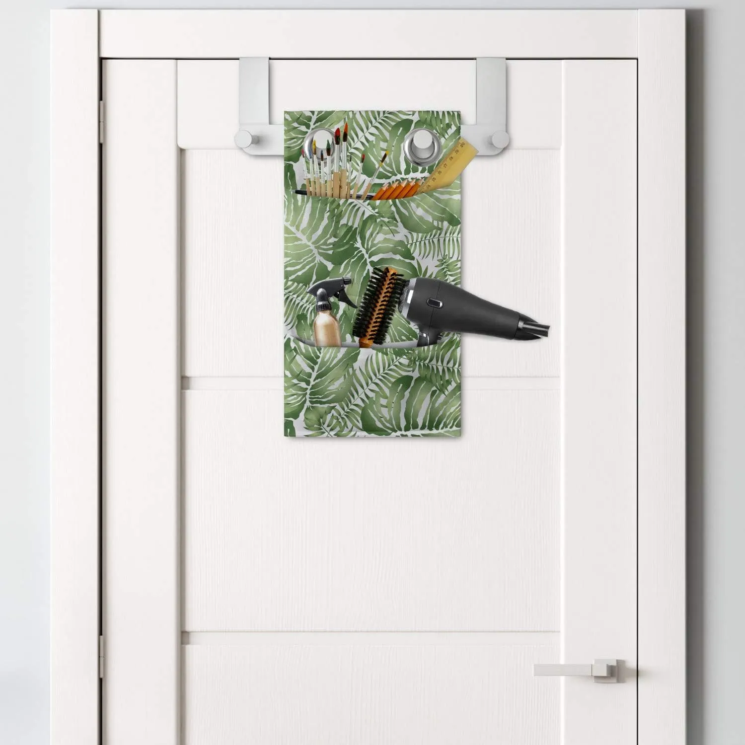 Ambesonne Tropical Hanging Pocket Organizer, Exotic Palm Leaves Tropical Beach Side Plant Botanic Ornamental, Printed Polyester Storage Bag with Pockets, 9" x 16", Green Pale Green