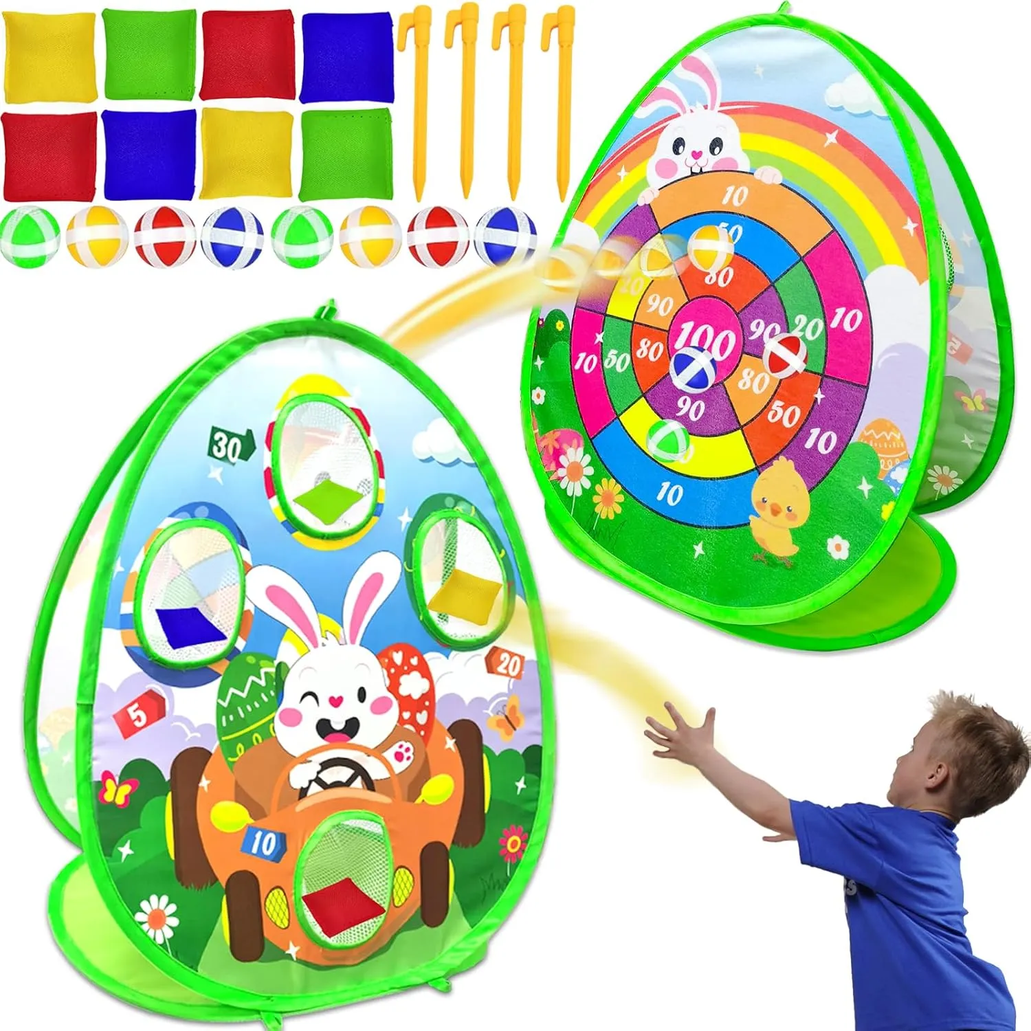 AMENON 2 in 1 Bunny Bean Bag Toss Easter Games for Kids - Cornhole & Dart Board Games with 8 Bag 8 Sticky Balls & 4 Stakes Outdoor Toys Toddlers Kids Family Easter Game Party Favors Basket Stuffers