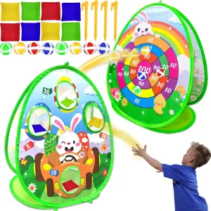 AMENON 2 in 1 Bunny Bean Bag Toss Easter Games for Kids - Cornhole & Dart Board Games with 8 Bag 8 Sticky Balls & 4 Stakes Outdoor Toys Toddlers Kids Family Easter Game Party Favors Basket Stuffers