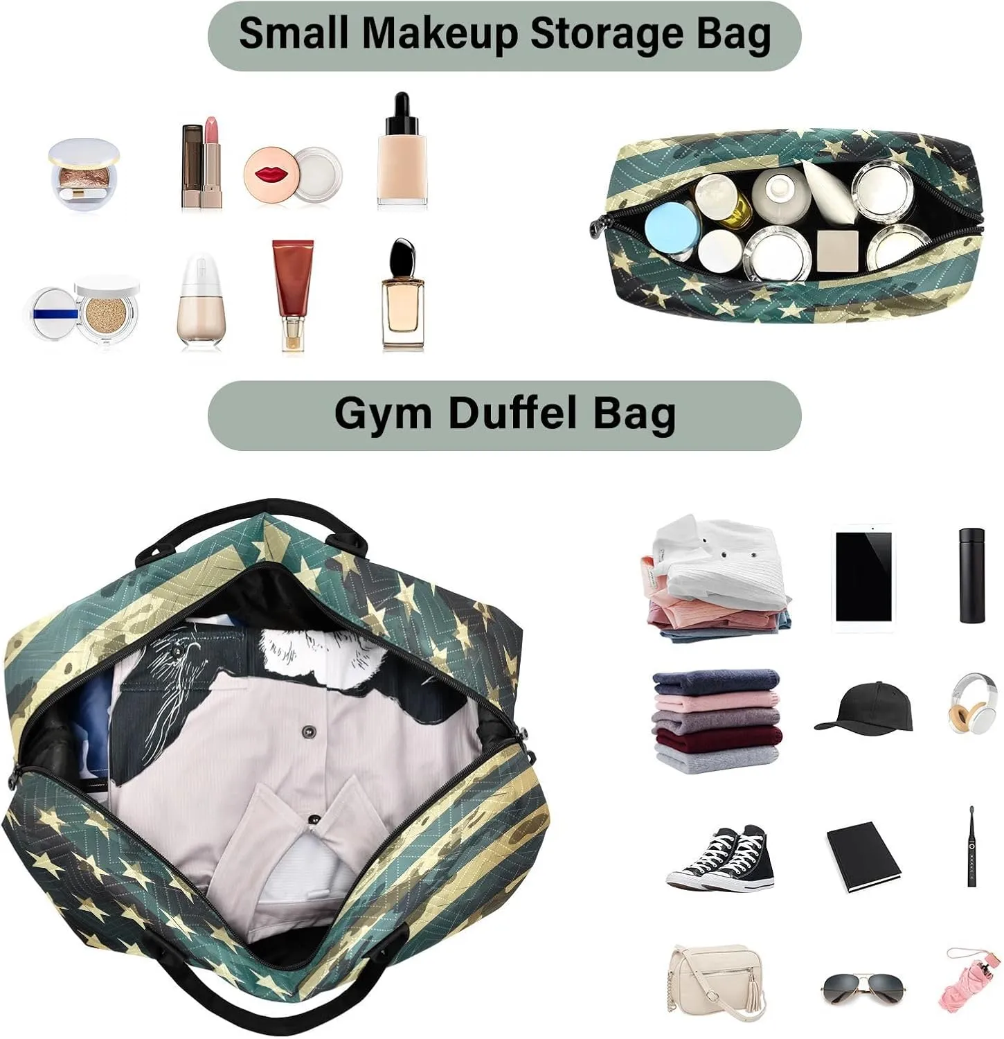 America Flag Camouflage Sports Gym Bag for Women Men Travel Duffel Bag Weekend Overnight Carry on Bag with Toiletry Bag Hospital Bag for Plane Hospital Workout Swimming Yoga