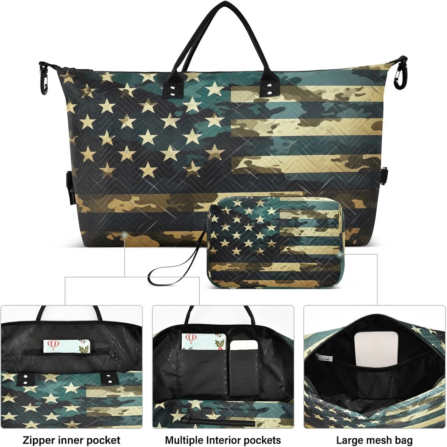 America Flag Camouflage Sports Gym Bag for Women Men Travel Duffel Bag Weekend Overnight Carry on Bag with Toiletry Bag Hospital Bag for Plane Hospital Workout Swimming Yoga