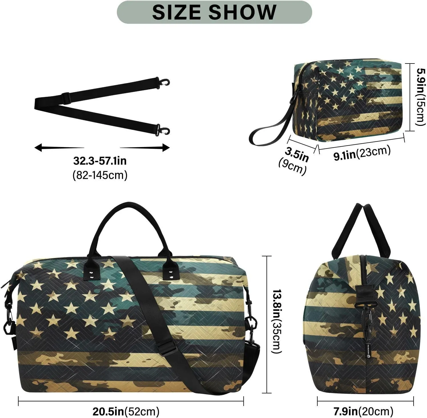 America Flag Camouflage Sports Gym Bag for Women Men Travel Duffel Bag Weekend Overnight Carry on Bag with Toiletry Bag Hospital Bag for Plane Hospital Workout Swimming Yoga