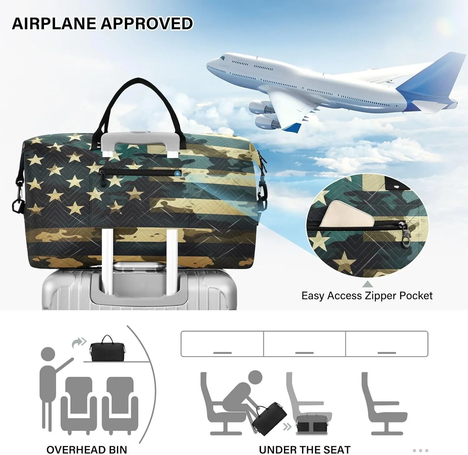 America Flag Camouflage Sports Gym Bag for Women Men Travel Duffel Bag Weekend Overnight Carry on Bag with Toiletry Bag Hospital Bag for Plane Hospital Workout Swimming Yoga