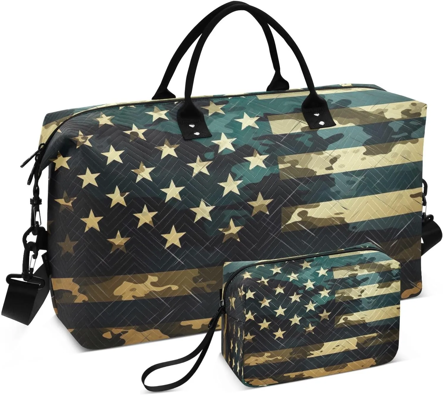 America Flag Camouflage Sports Gym Bag for Women Men Travel Duffel Bag Weekend Overnight Carry on Bag with Toiletry Bag Hospital Bag for Plane Hospital Workout Swimming Yoga