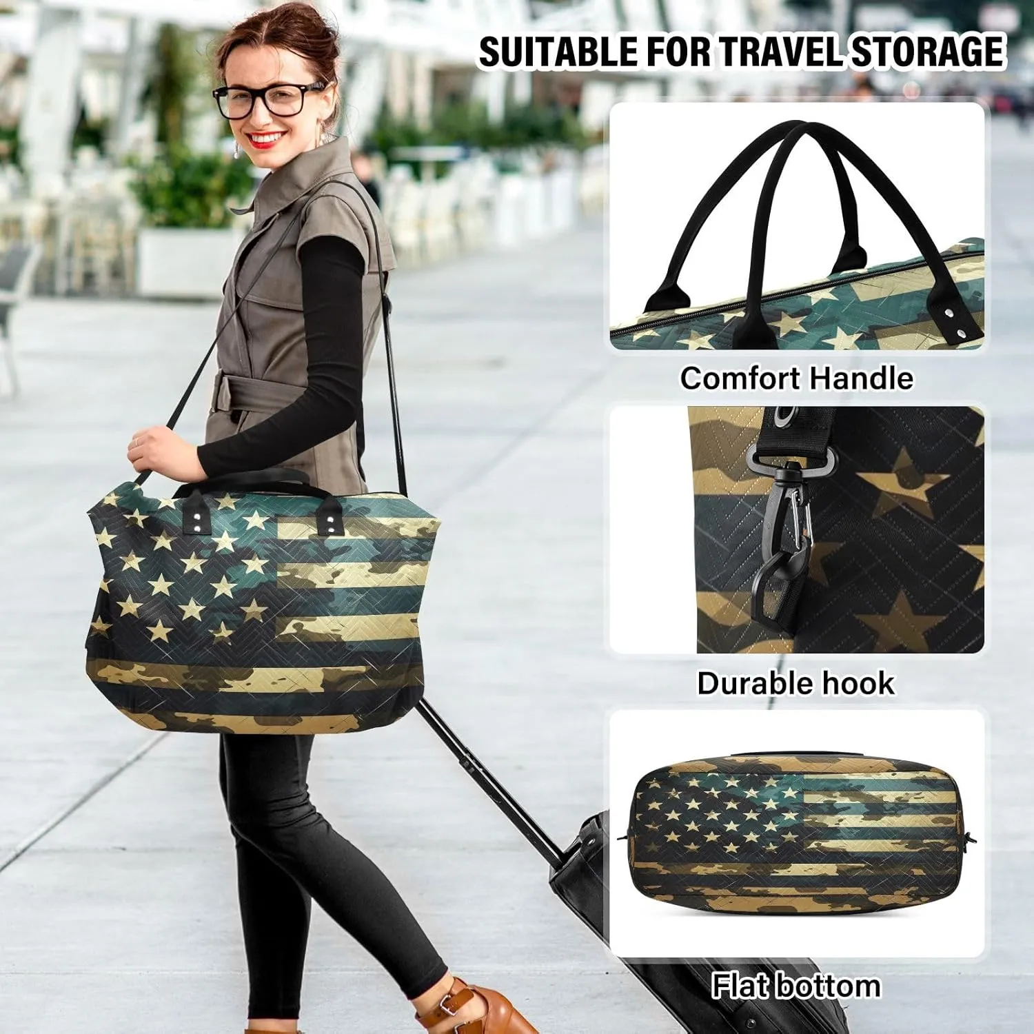 America Flag Camouflage Sports Gym Bag for Women Men Travel Duffel Bag Weekend Overnight Carry on Bag with Toiletry Bag Hospital Bag for Plane Hospital Workout Swimming Yoga
