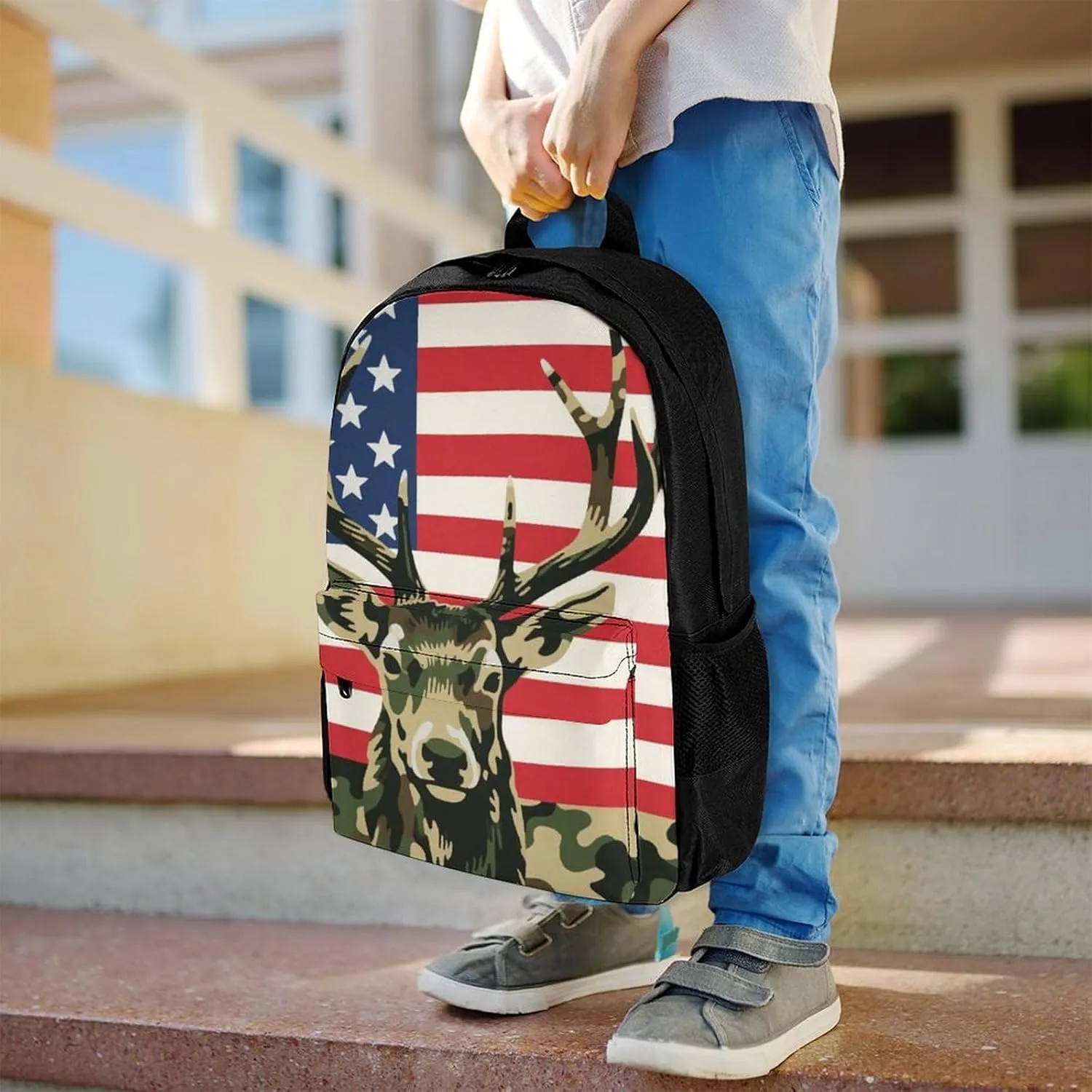 American Flag Camo Deer Camouflage Art Shoulder Book Bags Polyester Multipurpose Anti-Theft Carry On Bag Large Capacity Travel Hiking & Camping Rucksack