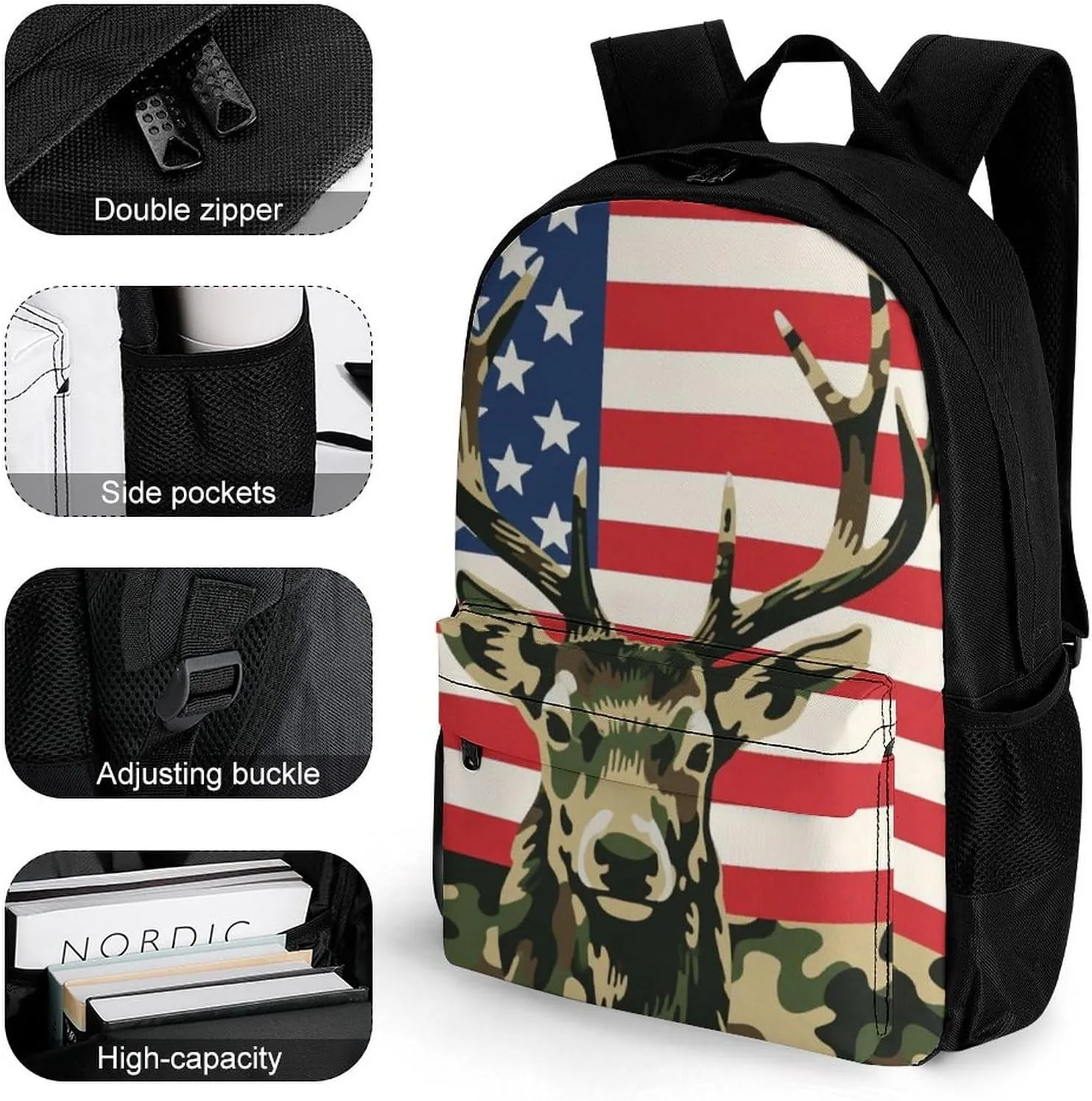 American Flag Camo Deer Camouflage Art Shoulder Book Bags Polyester Multipurpose Anti-Theft Carry On Bag Large Capacity Travel Hiking & Camping Rucksack