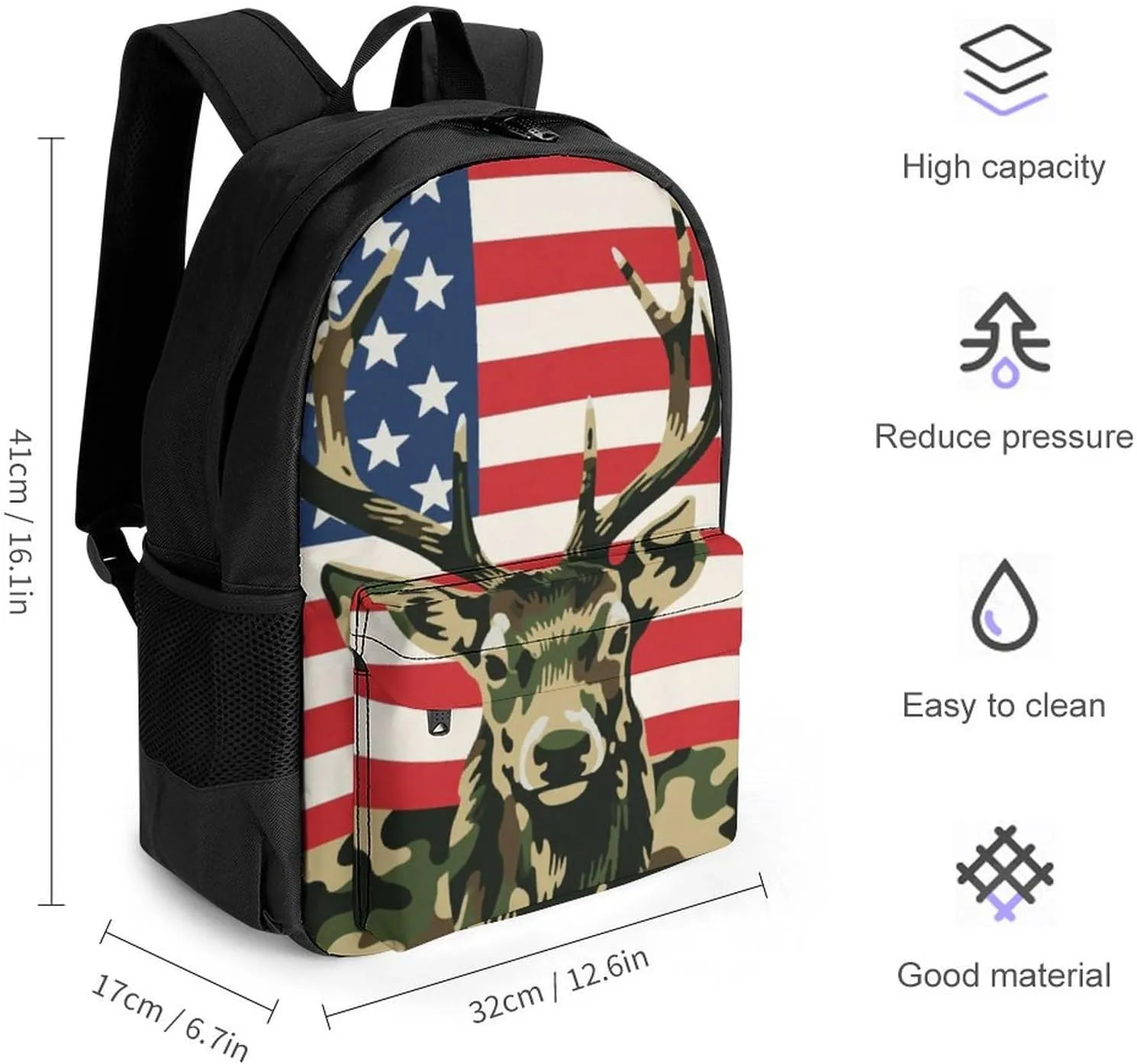 American Flag Camo Deer Camouflage Art Shoulder Book Bags Polyester Multipurpose Anti-Theft Carry On Bag Large Capacity Travel Hiking & Camping Rucksack