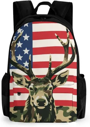 American Flag Camo Deer Camouflage Art Shoulder Book Bags Polyester Multipurpose Anti-Theft Carry On Bag Large Capacity Travel Hiking & Camping Rucksack