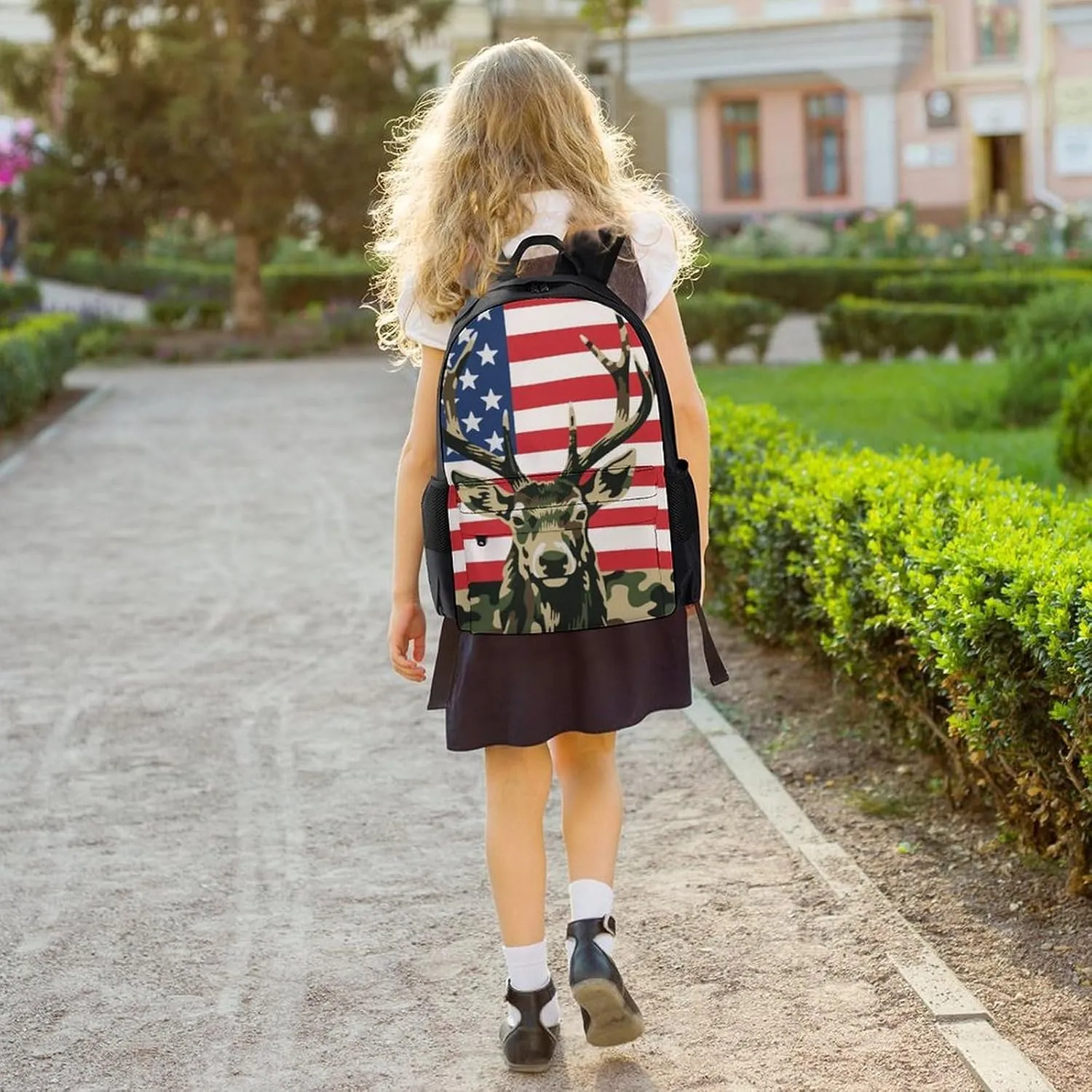 American Flag Camo Deer Camouflage Art Shoulder Book Bags Polyester Multipurpose Anti-Theft Carry On Bag Large Capacity Travel Hiking & Camping Rucksack
