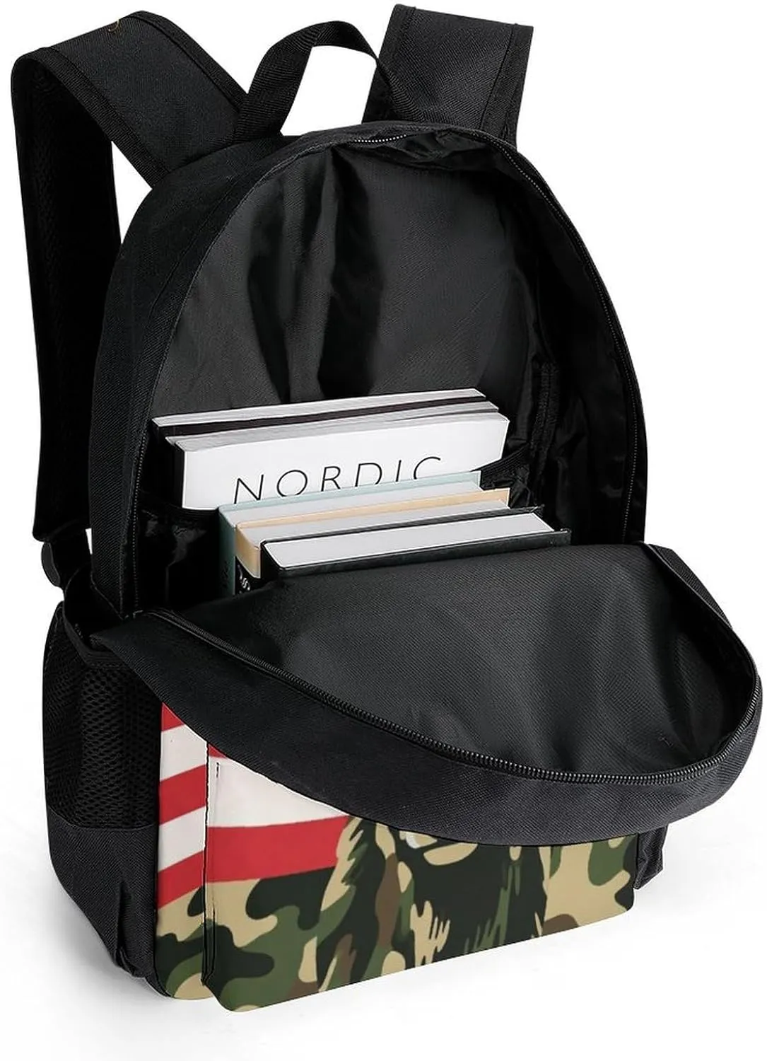 American Flag Camo Deer Camouflage Art Shoulder Book Bags Polyester Multipurpose Anti-Theft Carry On Bag Large Capacity Travel Hiking & Camping Rucksack