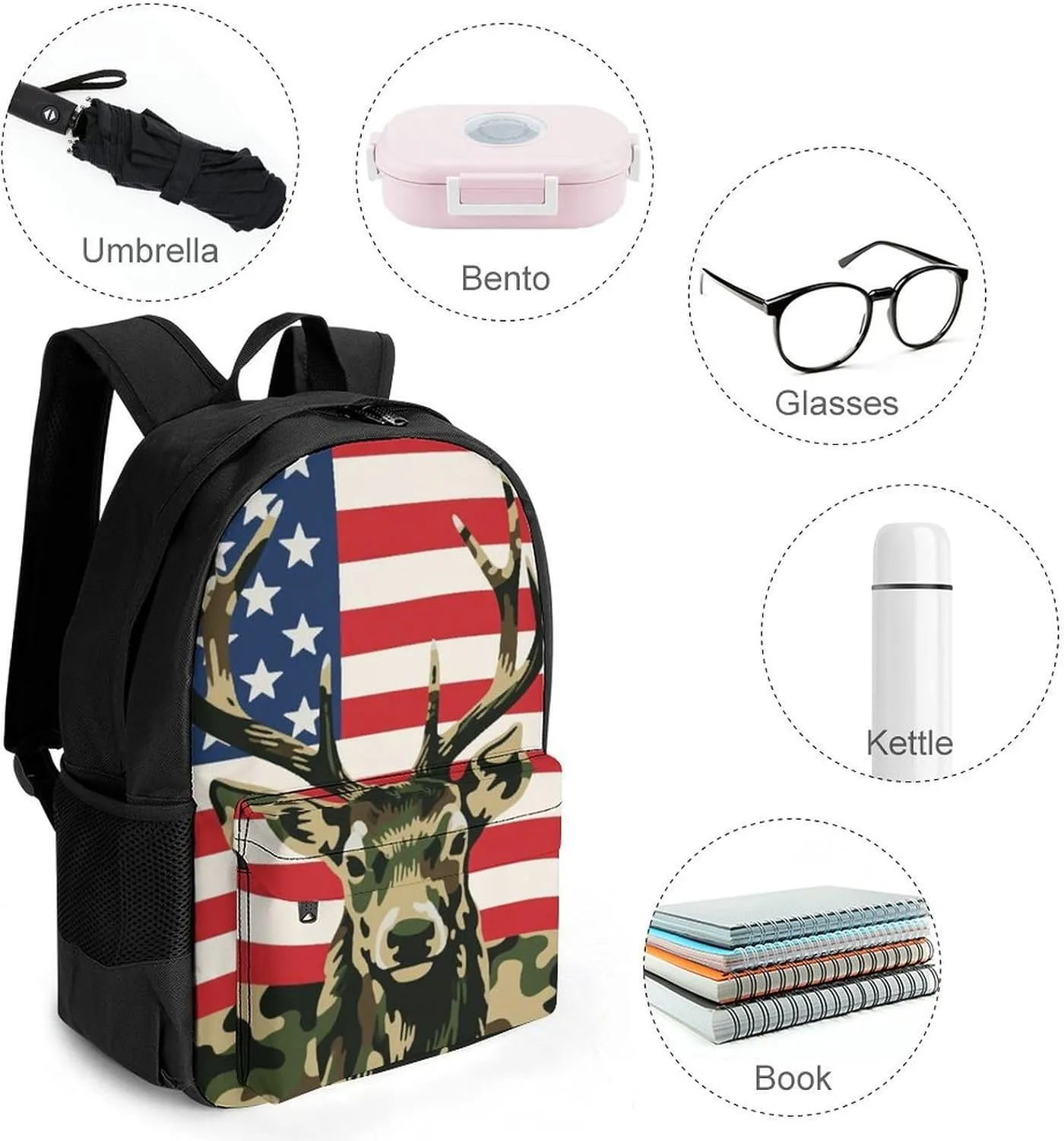 American Flag Camo Deer Camouflage Art Shoulder Book Bags Polyester Multipurpose Anti-Theft Carry On Bag Large Capacity Travel Hiking & Camping Rucksack
