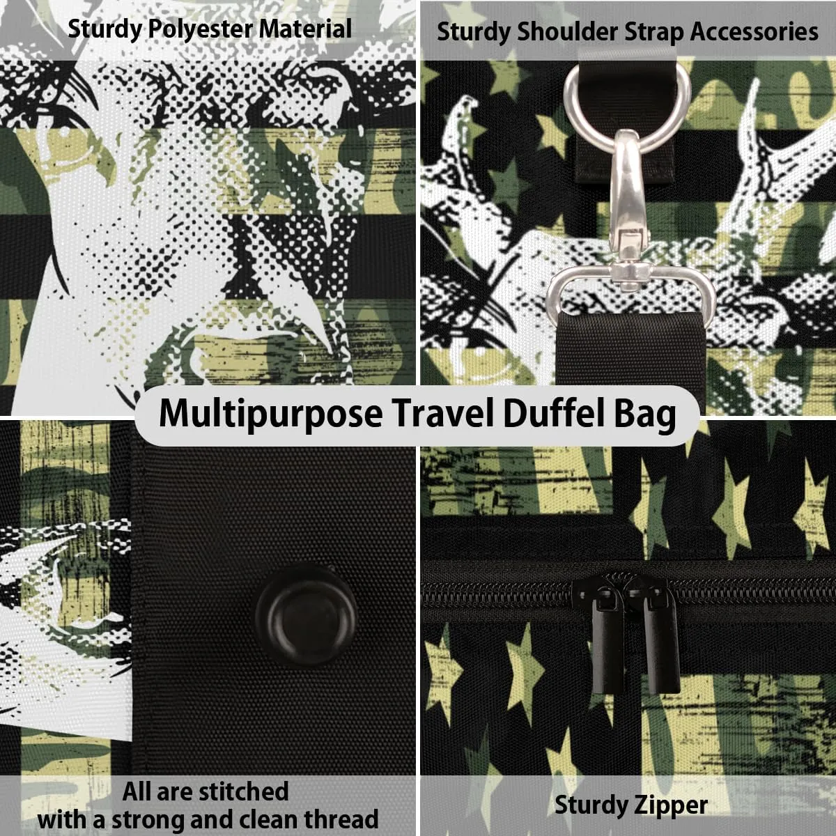 American Flag Elks Travel Duffle Bag for Women Men Gym Duffel Foldable Bag Waterproof Weekender Retro Camouflage Duffle Tote