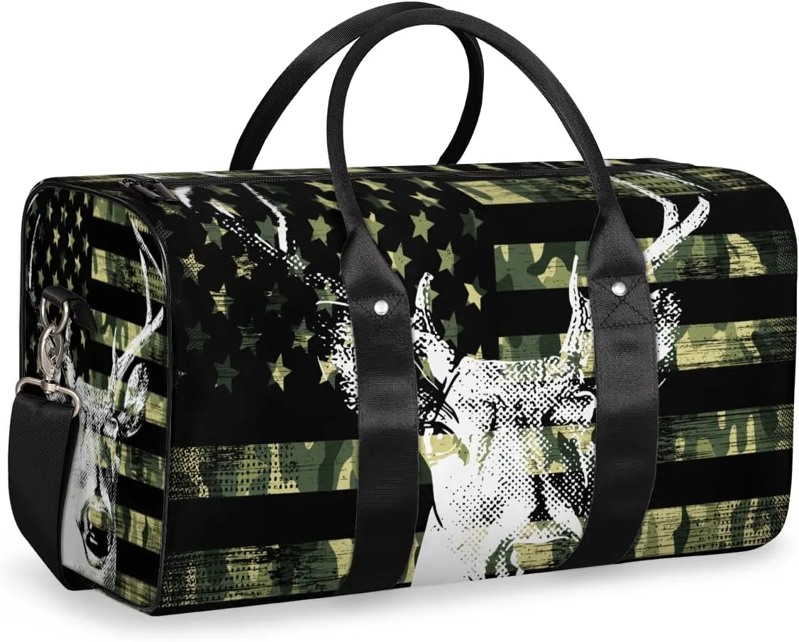 American Flag Elks Travel Duffle Bag for Women Men Gym Duffel Foldable Bag Waterproof Weekender Retro Camouflage Duffle Tote