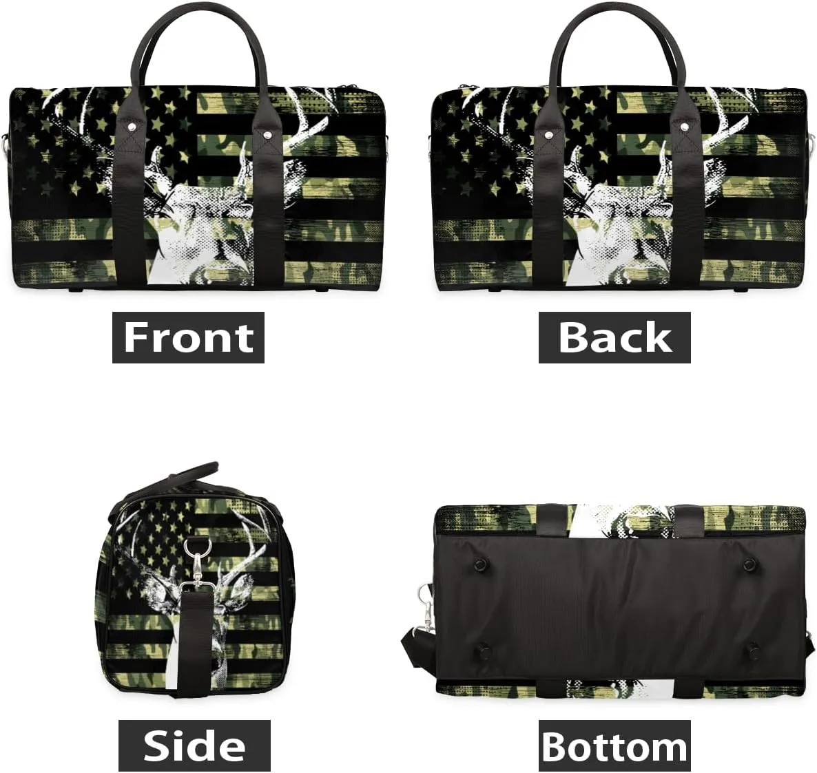 American Flag Elks Travel Duffle Bag for Women Men Gym Duffel Foldable Bag Waterproof Weekender Retro Camouflage Duffle Tote