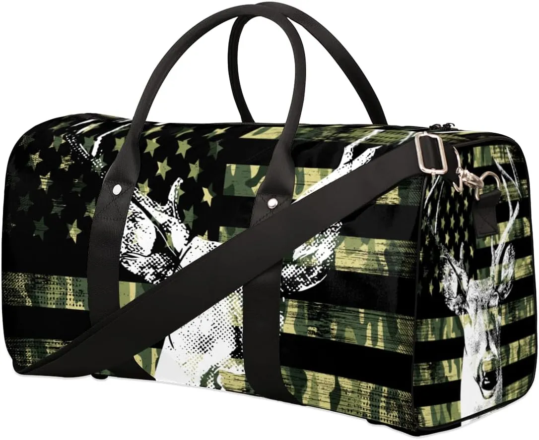 American Flag Elks Travel Duffle Bag for Women Men Gym Duffel Foldable Bag Waterproof Weekender Retro Camouflage Duffle Tote