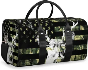 American Flag Elks Travel Duffle Bag for Women Men Gym Duffel Foldable Bag Waterproof Weekender Retro Camouflage Duffle Tote