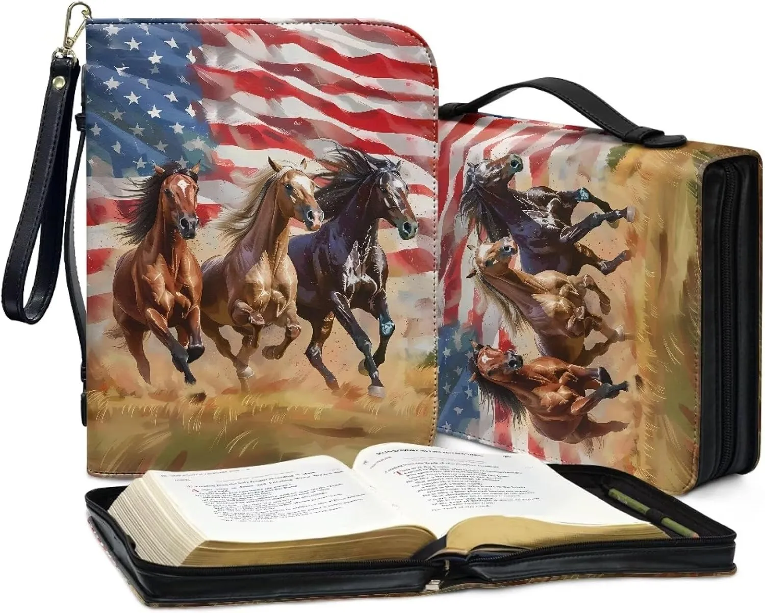American Flag Three Horse Print PU Leather Bible Case Large Bible Carrying Case for Women Men Bible Study Tools with Detachable Wristlet Strap Christian Art Gifts, 2XL