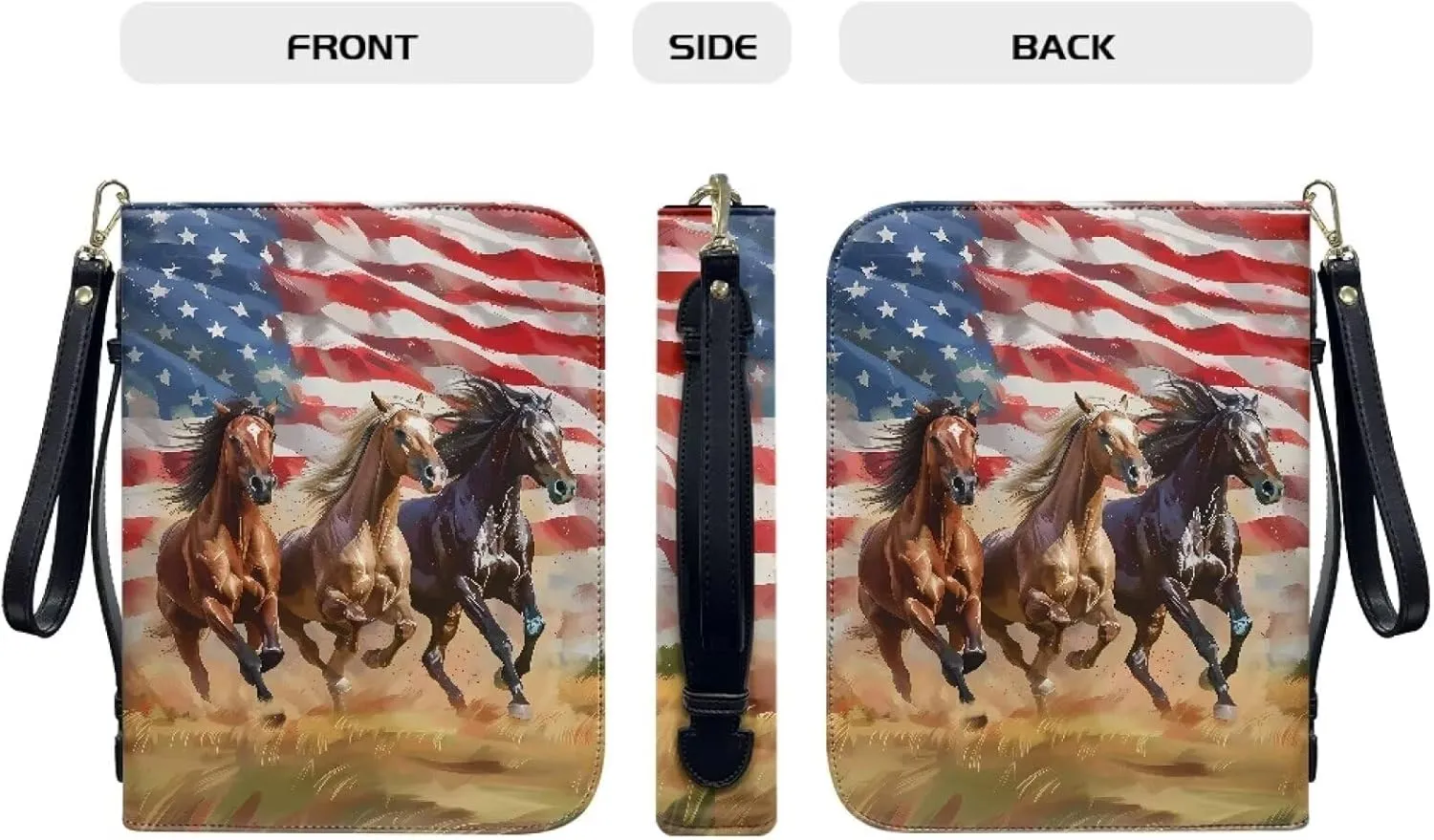 American Flag Three Horse Print PU Leather Bible Case Large Bible Carrying Case for Women Men Bible Study Tools with Detachable Wristlet Strap Christian Art Gifts, 2XL