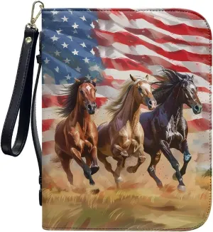 American Flag Three Horse Print PU Leather Bible Case Large Bible Carrying Case for Women Men Bible Study Tools with Detachable Wristlet Strap Christian Art Gifts, 2XL