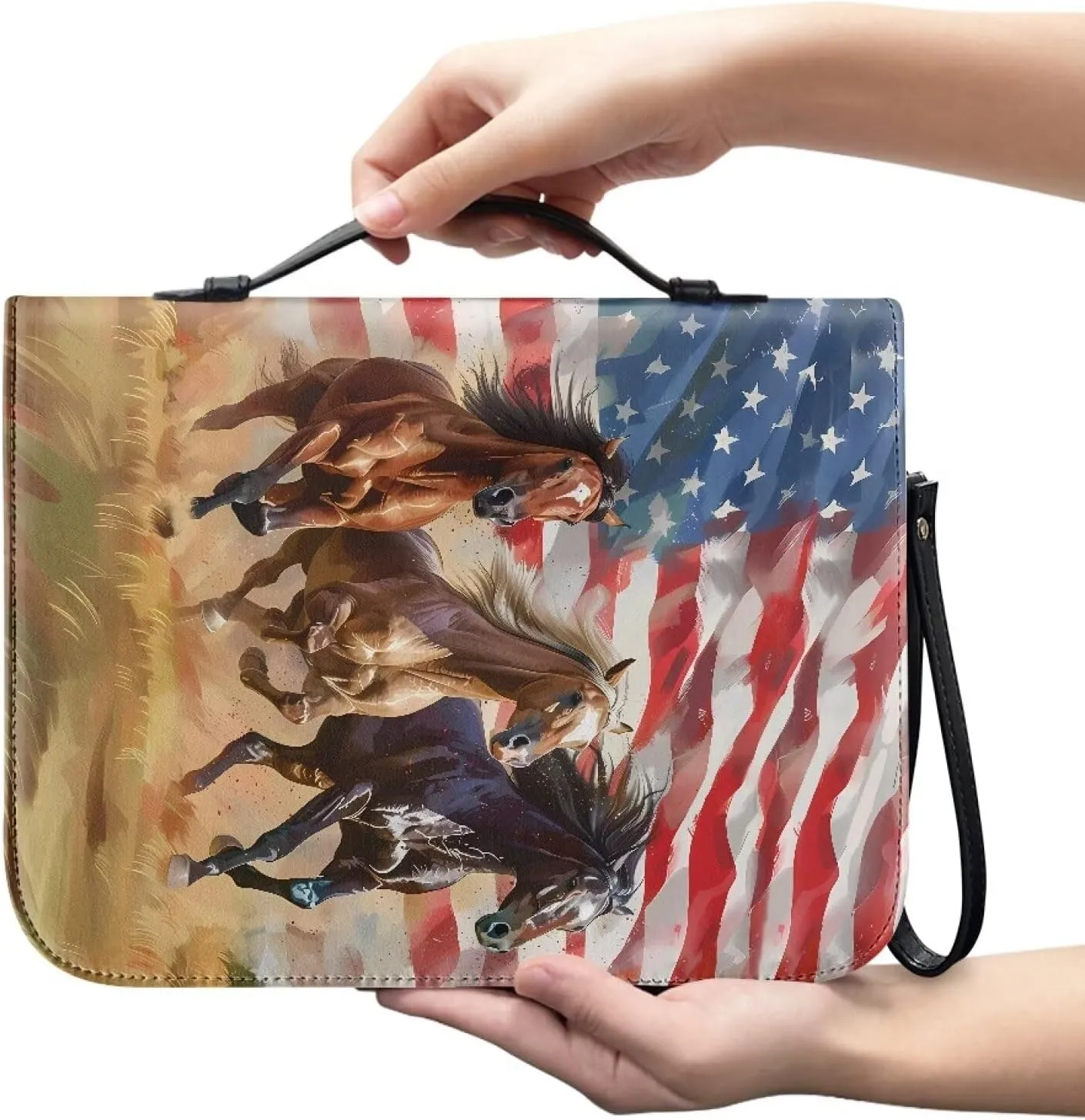 American Flag Three Horse Print PU Leather Bible Case Large Bible Carrying Case for Women Men Bible Study Tools with Detachable Wristlet Strap Christian Art Gifts, 2XL