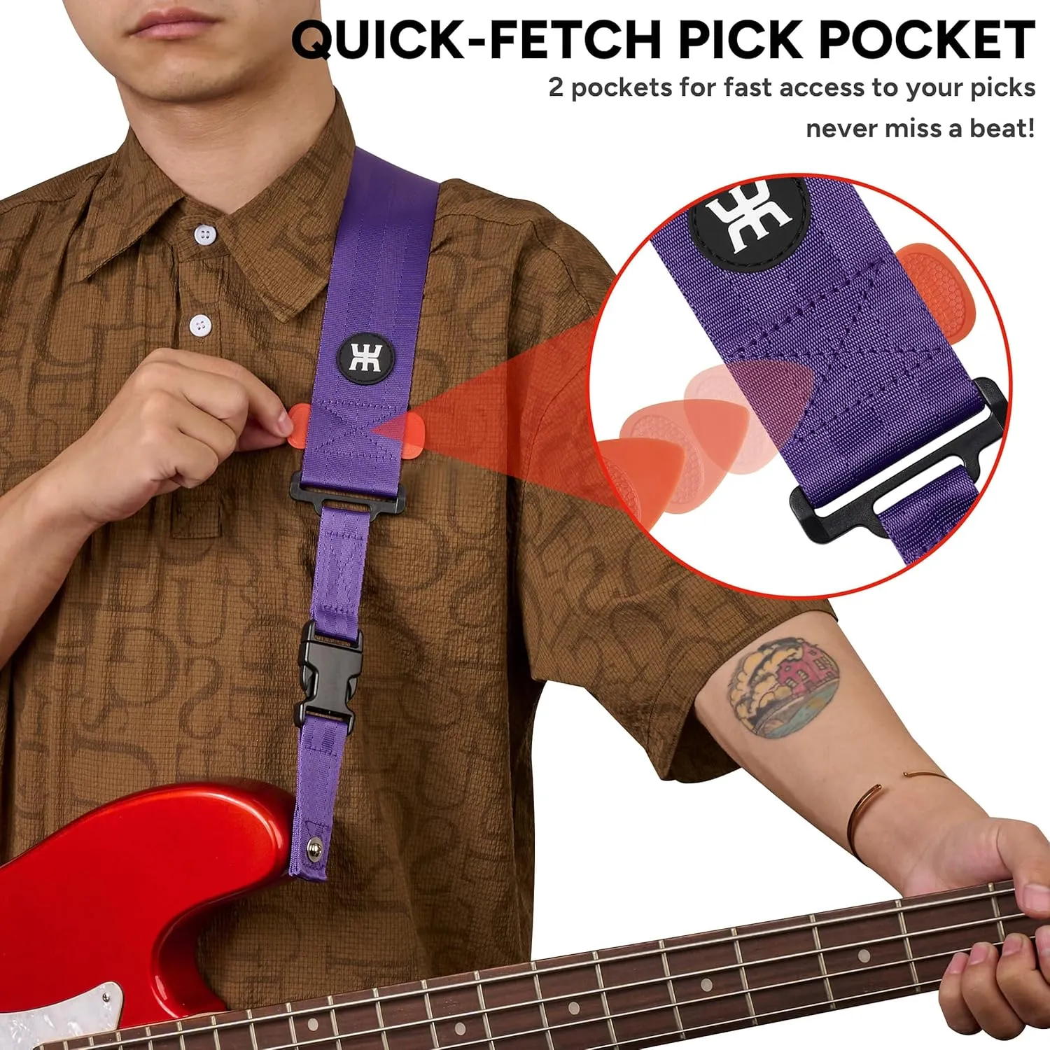 Amumu SNAPLOCK Pro Guitar Strap - Quick-Release Buckle, Screw Fasten Ends, Quick-Fetch Pick Holder, Adjustable 38"-57", Fits Bass, Electric Guitars, Gift for Guitarists, Purple