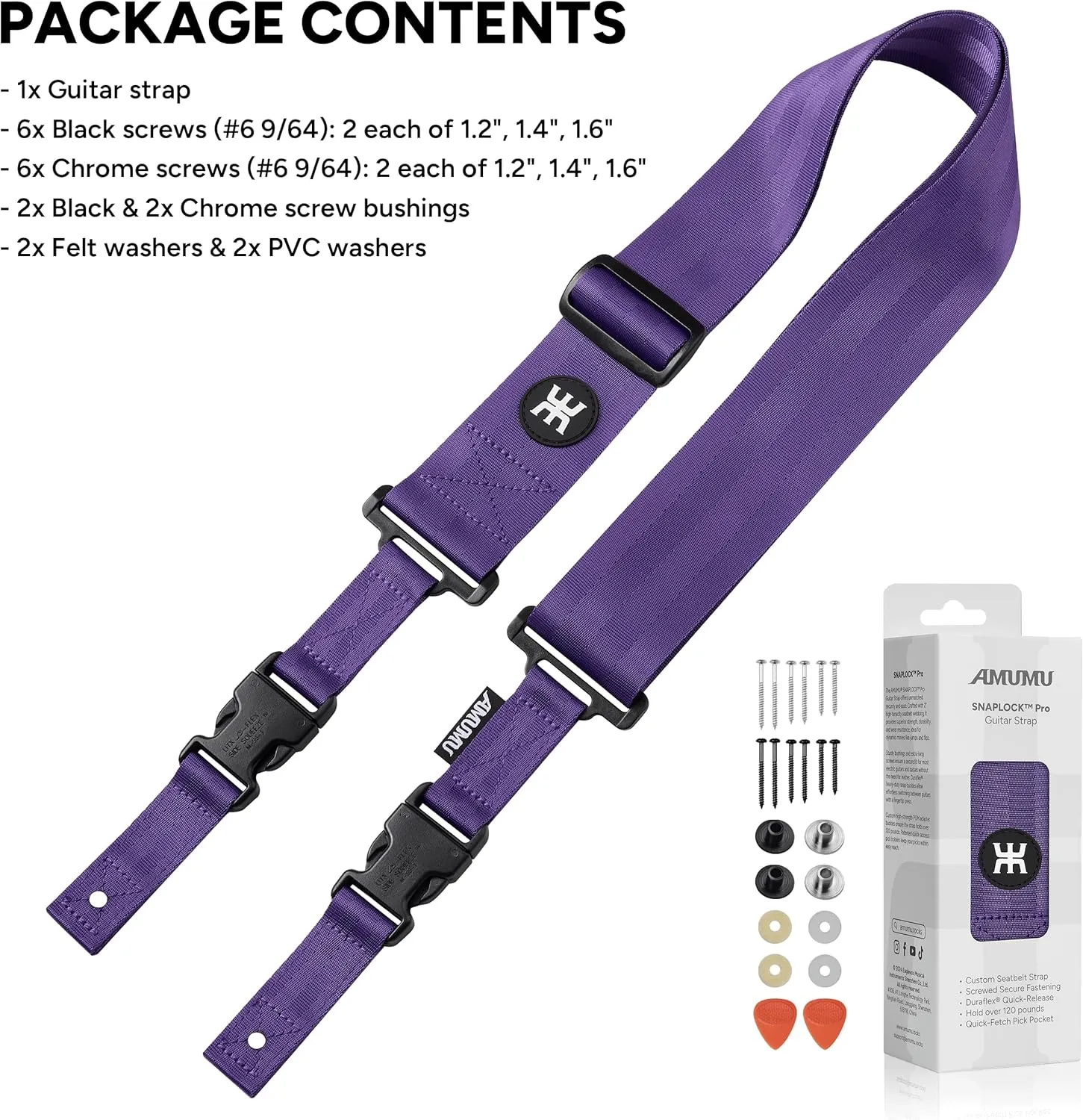 Amumu SNAPLOCK Pro Guitar Strap - Quick-Release Buckle, Screw Fasten Ends, Quick-Fetch Pick Holder, Adjustable 38"-57", Fits Bass, Electric Guitars, Gift for Guitarists, Purple