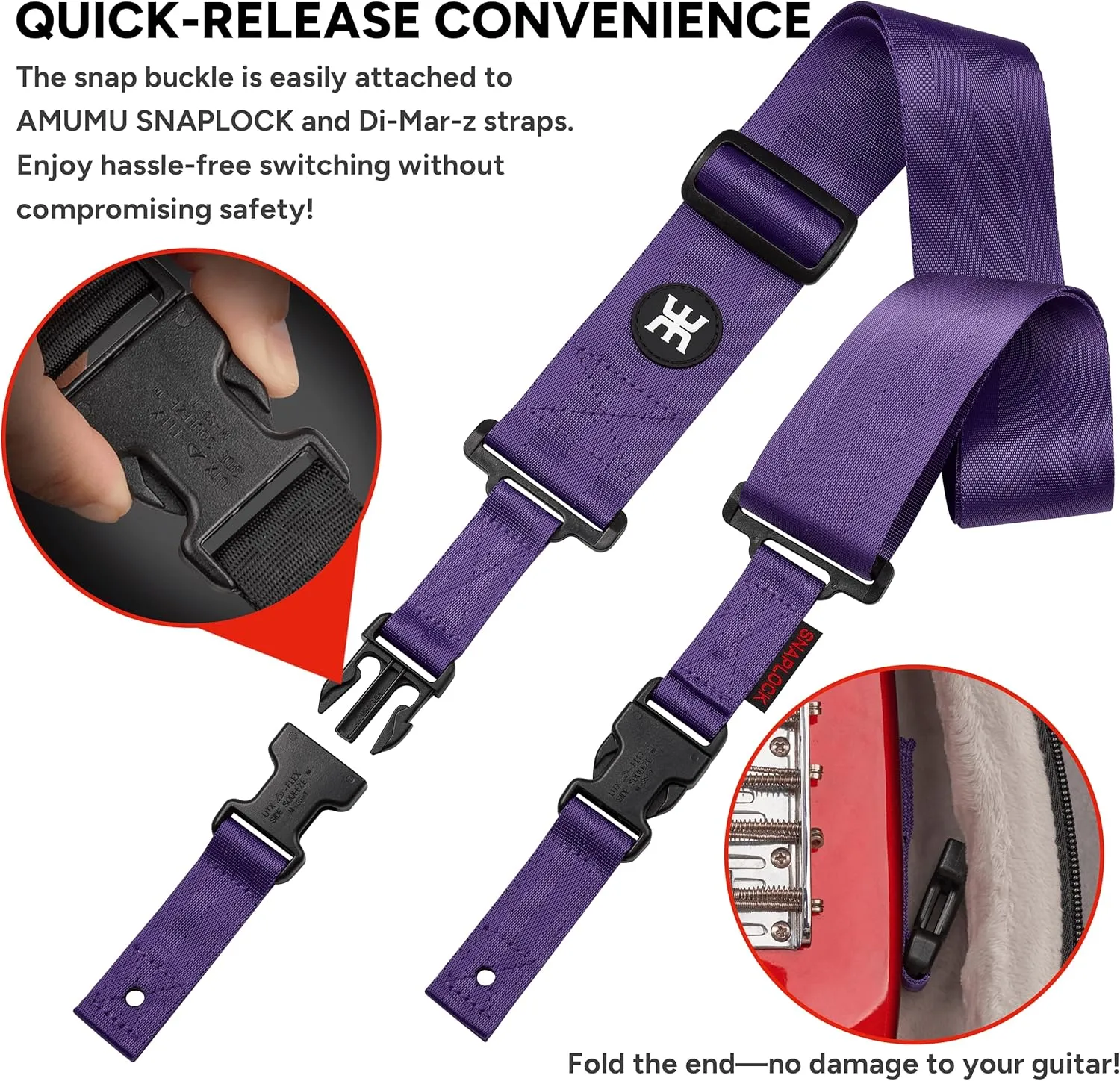 Amumu SNAPLOCK Pro Guitar Strap - Quick-Release Buckle, Screw Fasten Ends, Quick-Fetch Pick Holder, Adjustable 38"-57", Fits Bass, Electric Guitars, Gift for Guitarists, Purple