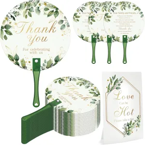 Aneco 120 Pieces Wedding Hand Fans Bulk with Table Sign Wedding Plastic Fan with Handle Handheld Wedding Favor Fans Greenery Leaves Fan for Ceremony Bridal Shower Wedding Party Supplies