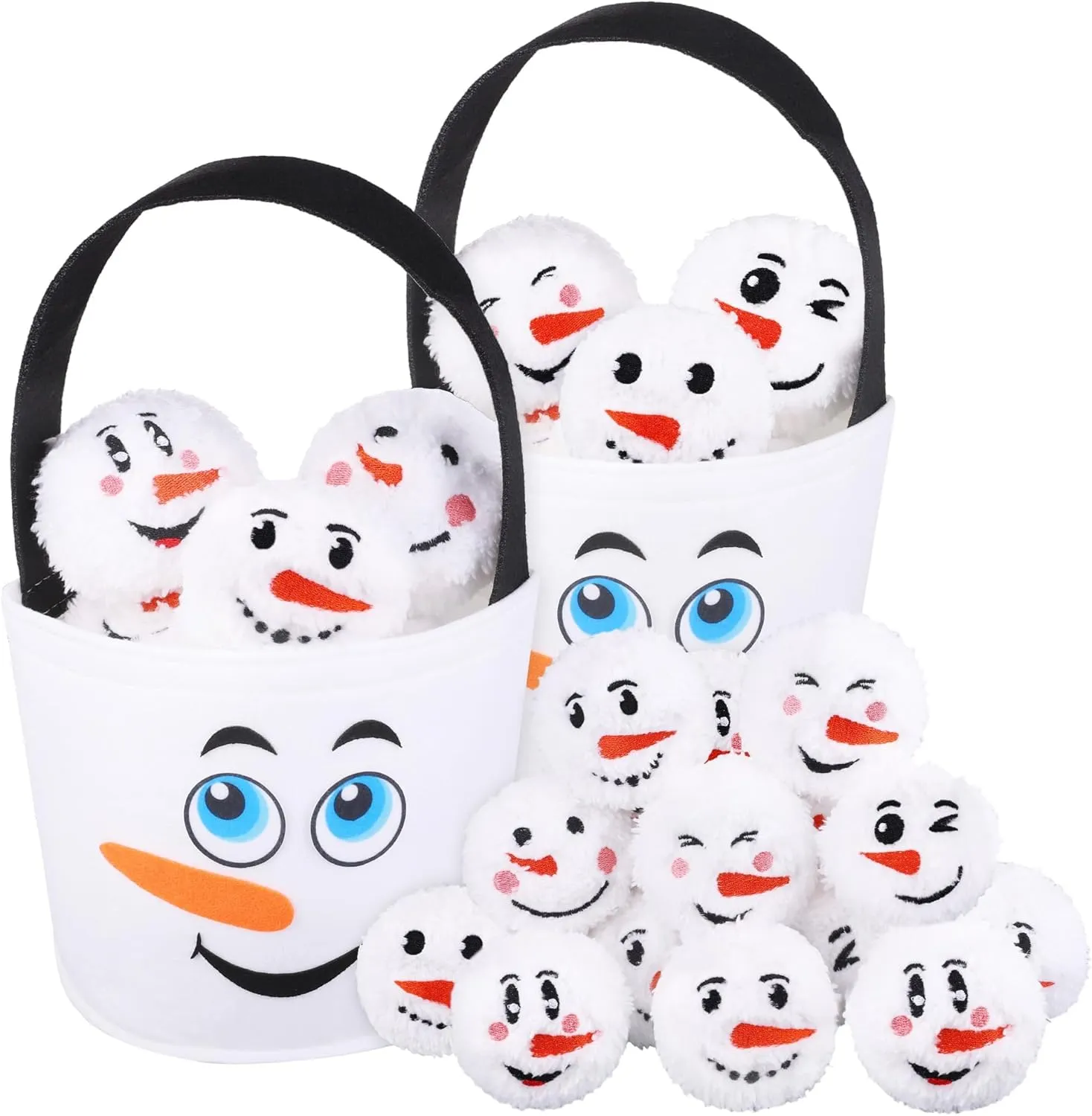 Aneco 52 Pieces Snow Toy Balls Set 2.8 Inch Plush Snowmen Balls with 4 Snowman Bags First Snow Fight Ball Fun Realistic Smile Face Ball Toys for Christmas Winter Indoor Outdoor Party Game