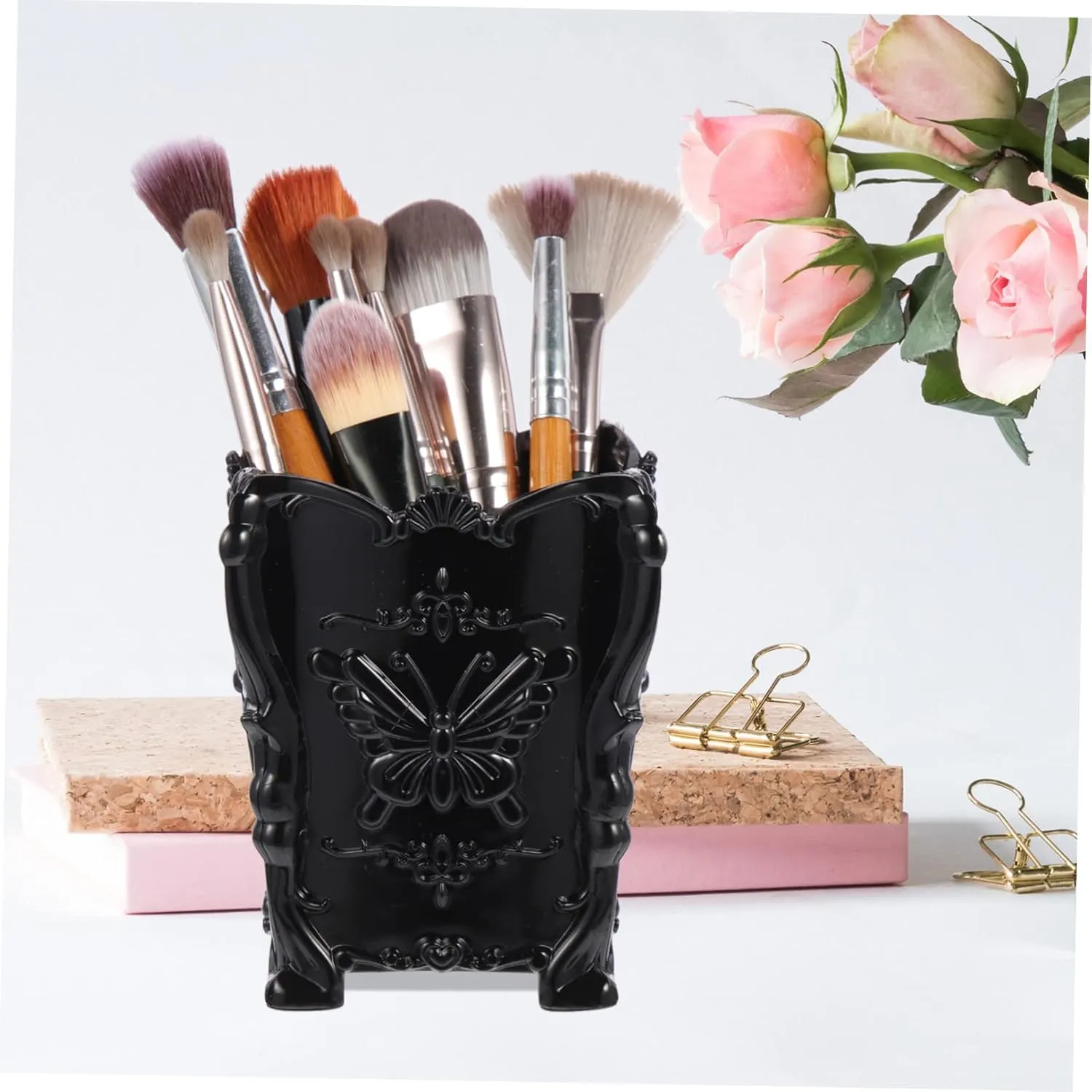 Angoily 2pcs Makeup Brush Organizer Planter Pot Brush Cups Make up Brush Holder Organizer Carved Storage Bin