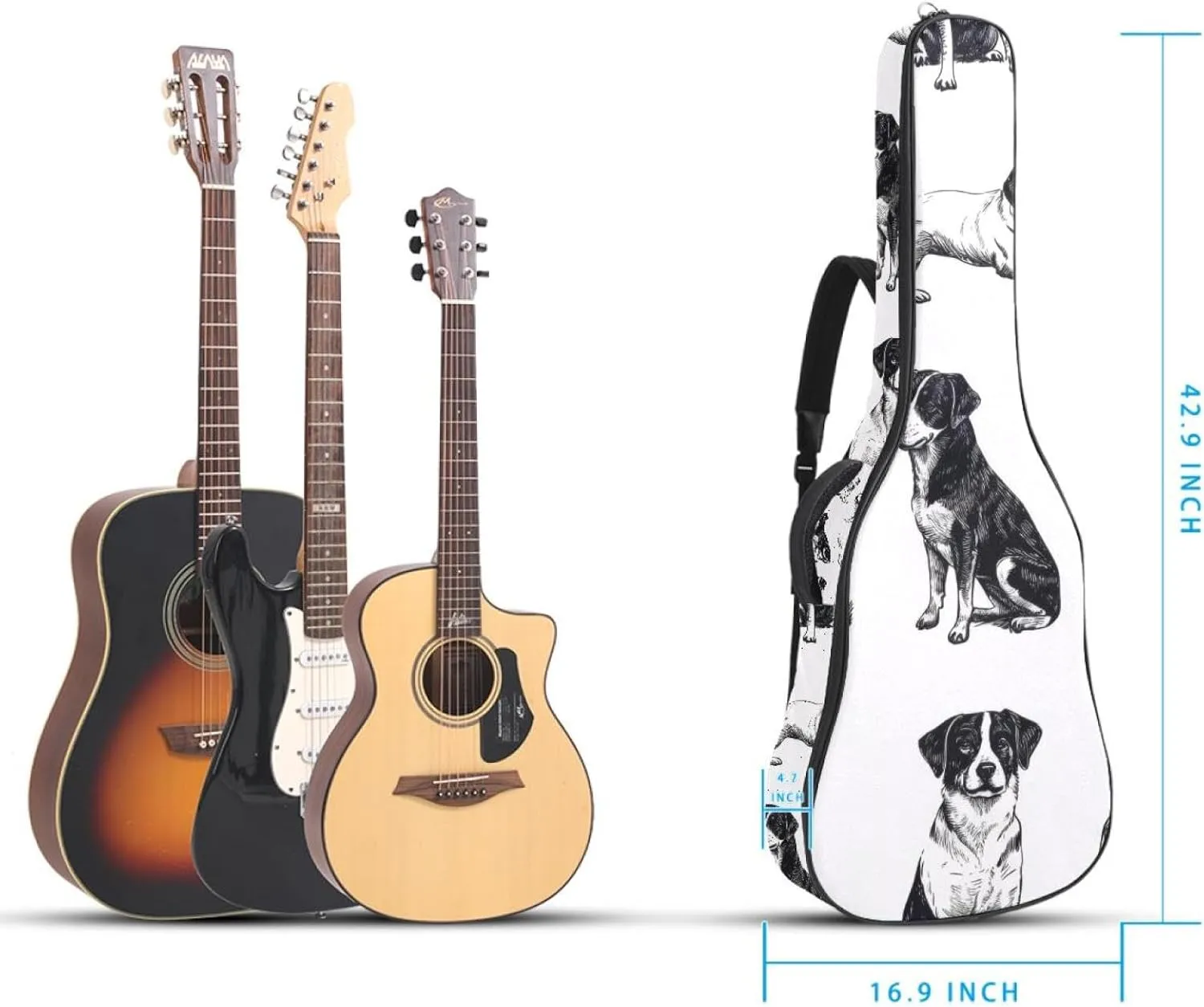 Animals Dogs in Different Poses Acoustic Guitar Gig Bag, 1 cm Thick Padding Waterproof Guitar Case Backpack with Dual Adjustable Shoulder Strap for 40-42 Inch Guitar