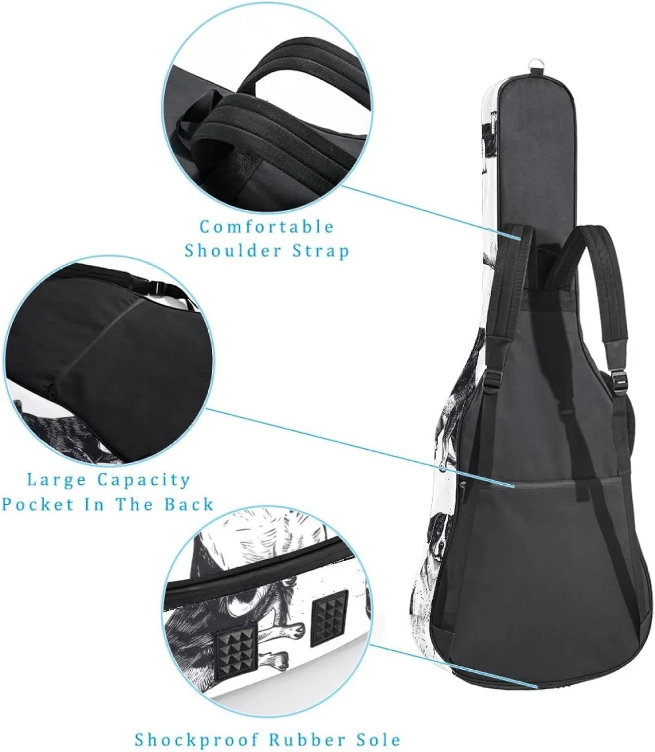 Animals Dogs in Different Poses Acoustic Guitar Gig Bag, 1 cm Thick Padding Waterproof Guitar Case Backpack with Dual Adjustable Shoulder Strap for 40-42 Inch Guitar