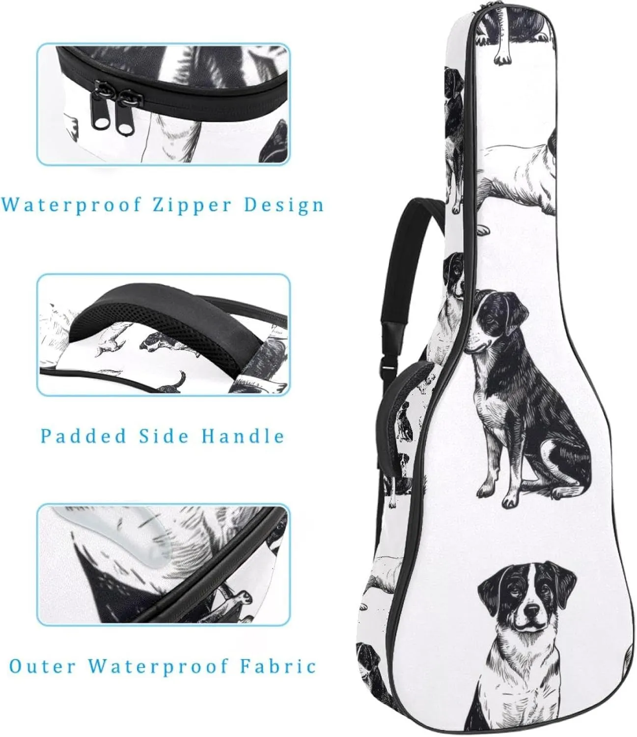 Animals Dogs in Different Poses Acoustic Guitar Gig Bag, 1 cm Thick Padding Waterproof Guitar Case Backpack with Dual Adjustable Shoulder Strap for 40-42 Inch Guitar