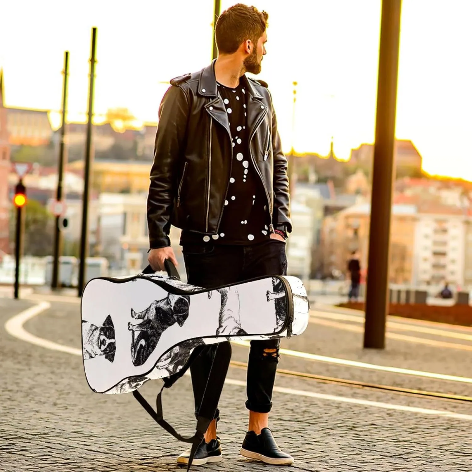 Animals Dogs in Different Poses Acoustic Guitar Gig Bag, 1 cm Thick Padding Waterproof Guitar Case Backpack with Dual Adjustable Shoulder Strap for 40-42 Inch Guitar