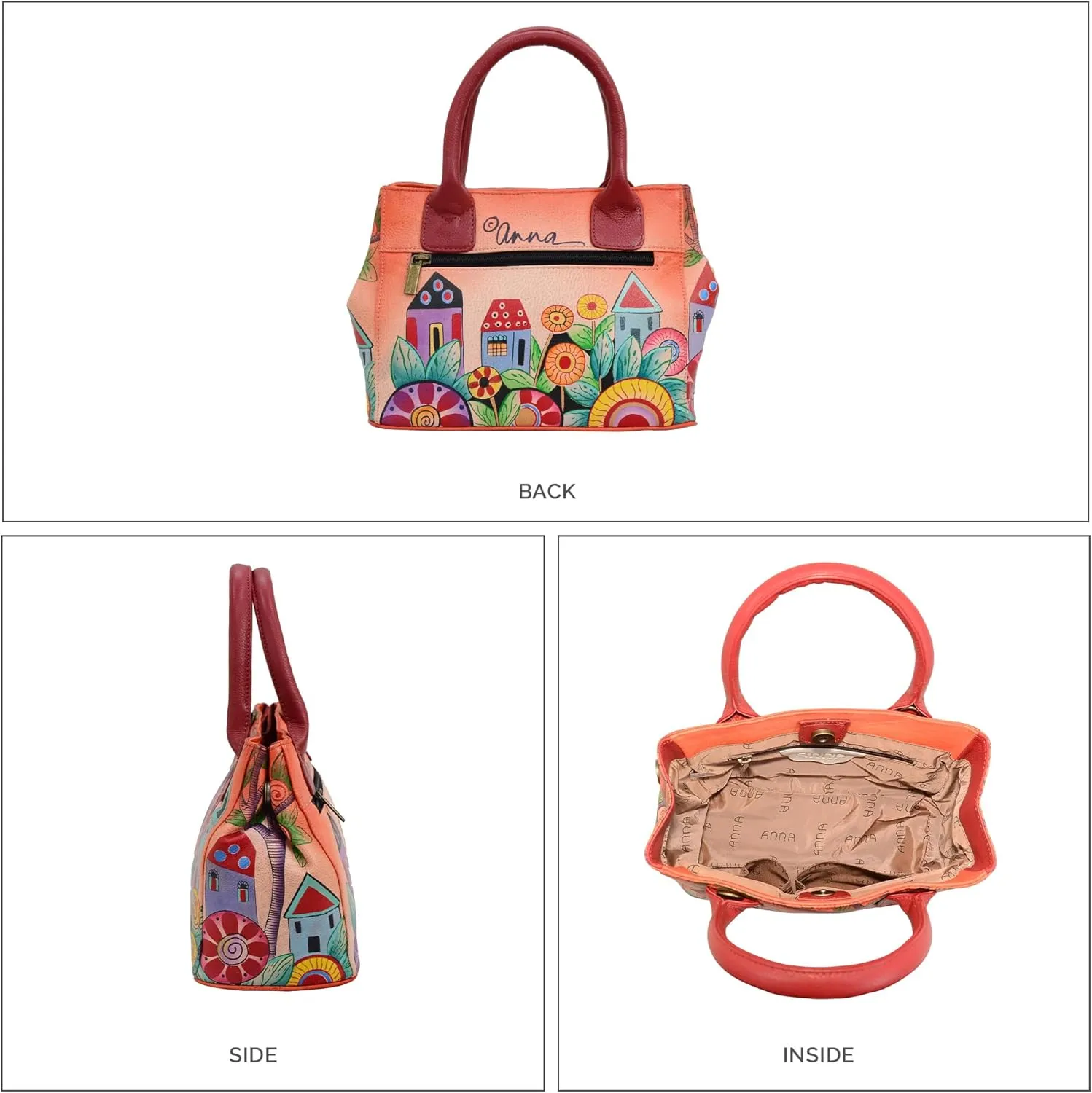 Anna by Anuschka Women’s Hand Painted Genuine Leather Small Convertible Tote - Double Short Handle, Removable Crossbody Strap