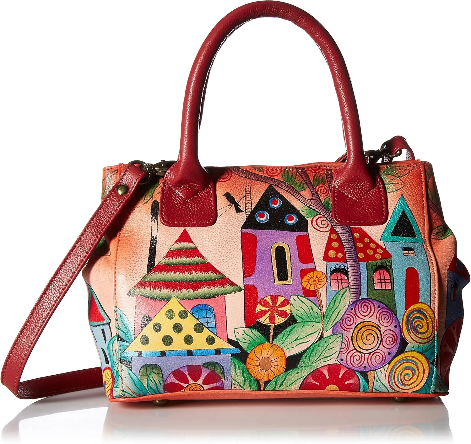 Anna by Anuschka Women’s Hand Painted Genuine Leather Small Convertible Tote - Double Short Handle, Removable Crossbody Strap