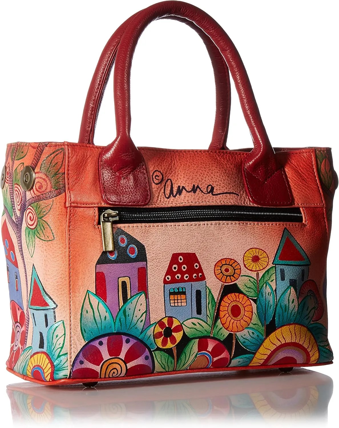 Anna by Anuschka Women’s Hand Painted Genuine Leather Small Convertible Tote - Double Short Handle, Removable Crossbody Strap