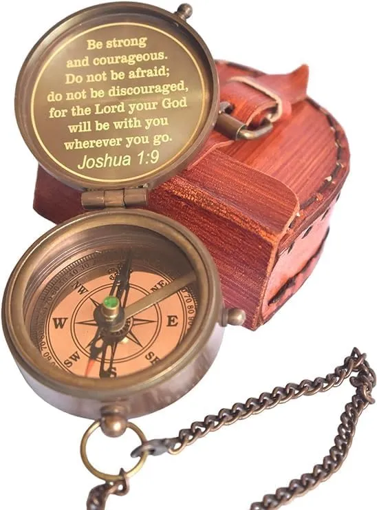 Antique Brass Compass 2 Inch Poem Engraved Pocket Compass with Chain & Leather Case for Hiking Travelling Camping Navigation Tool