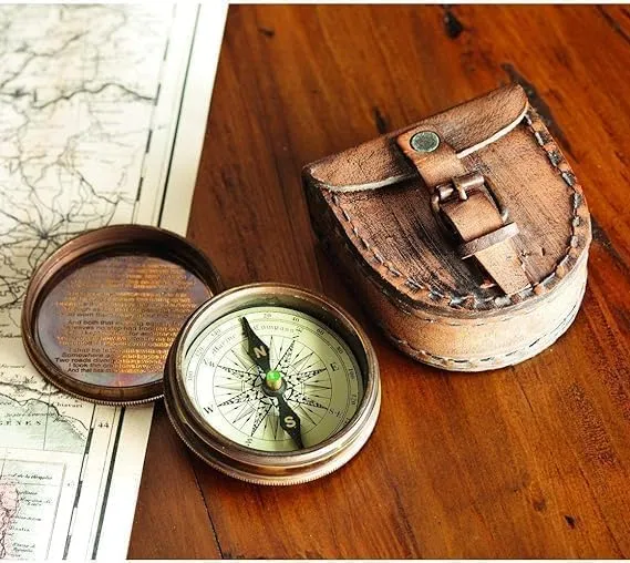Antique Brass Compass 2.5 Inch Robert Frost Poem Engraved Pocket Compass with Chain & Wooden Case for Hiking Travelling Camping Navigation Tool & Inspiration Gift