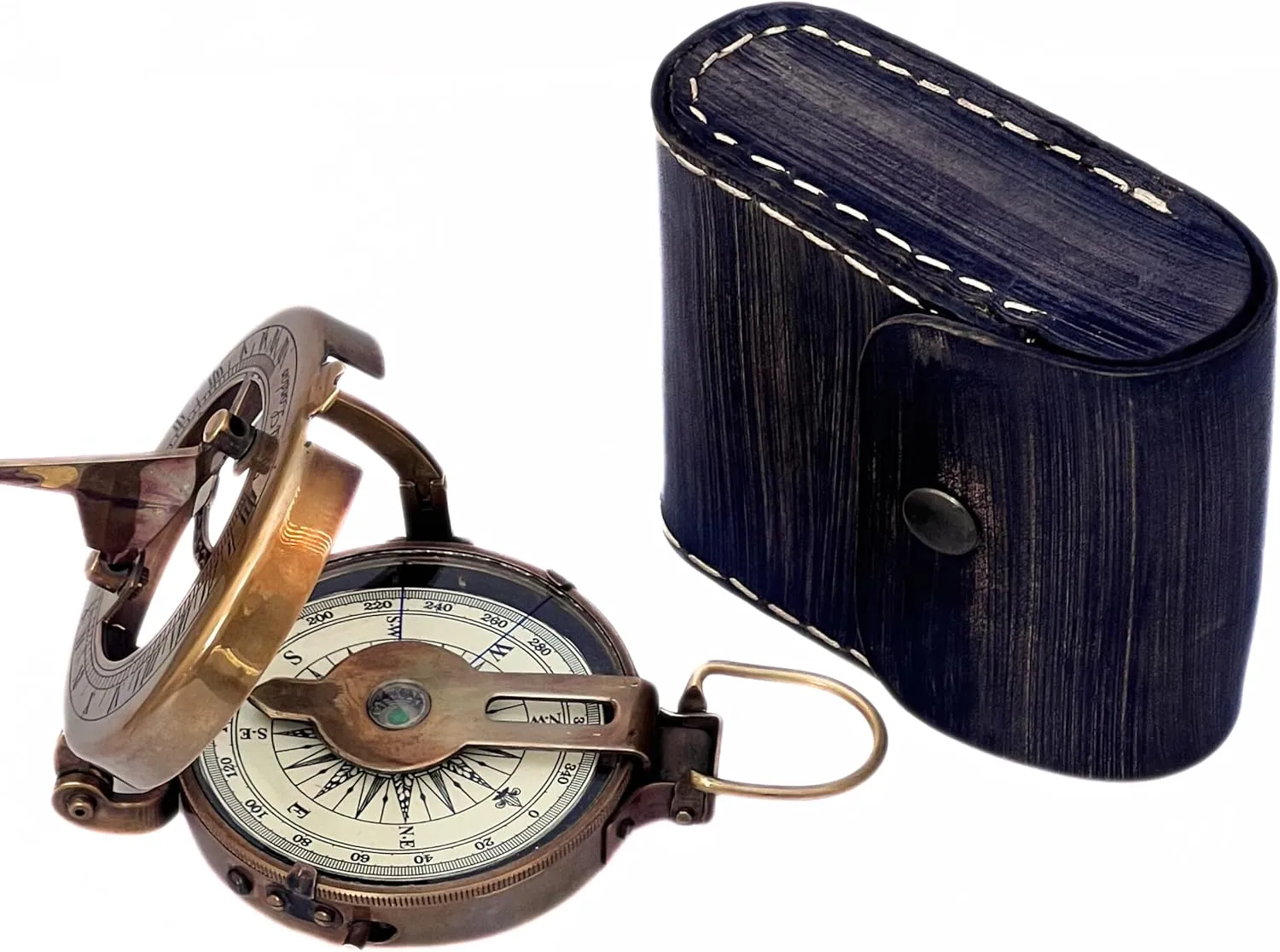 Antique Brass Sundial Compass with Leather Case Vintage Nautical Navigation Tool Collectible Gift for Travelers Adventurers and History Enthusiasts