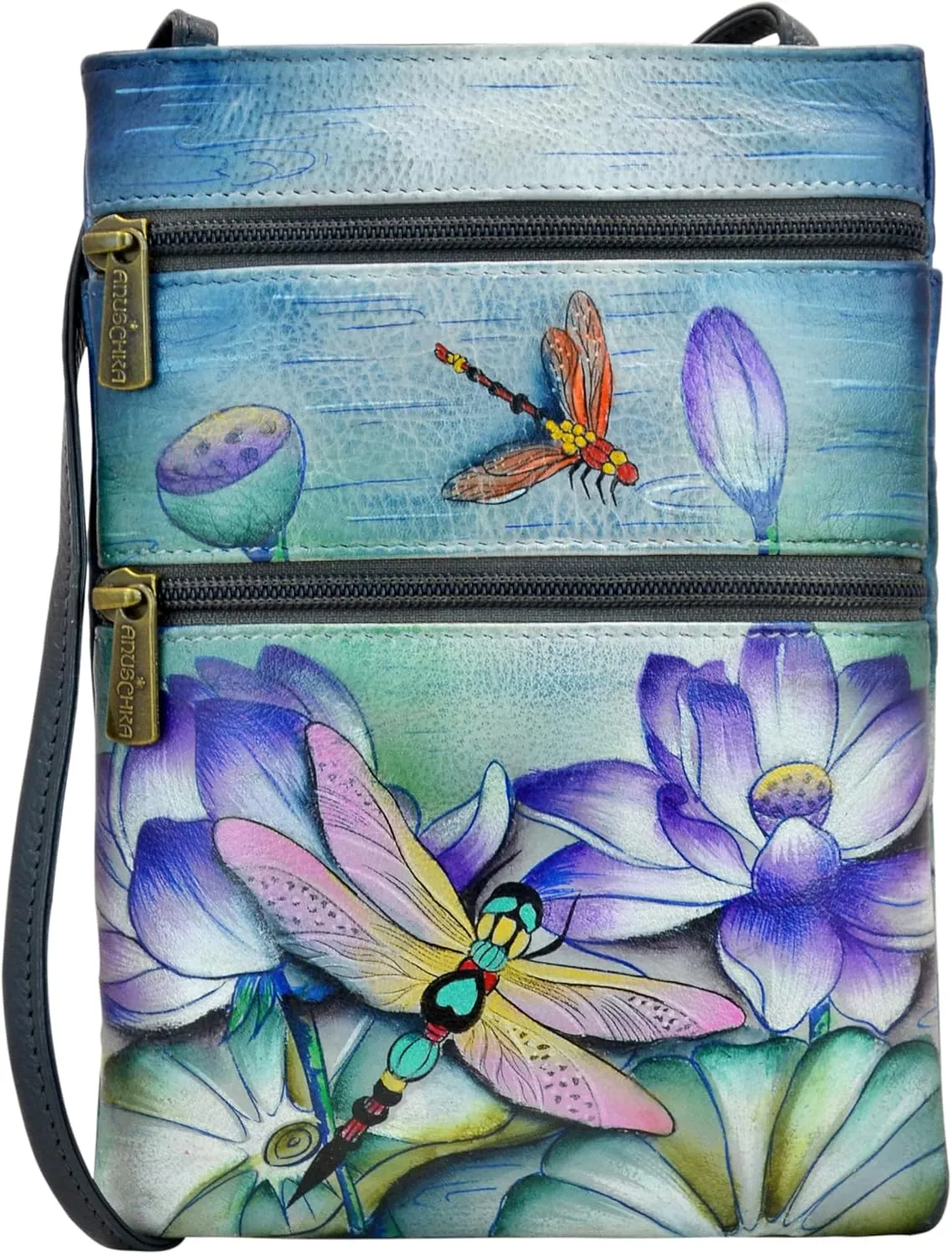 Anuschka Women’s Hand Painted Genuine Leather Mini Double Zip Travel Crossbody - Magnetic Closure, ID Holder & Optical Case