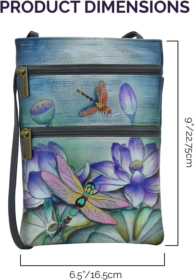 Anuschka Women’s Hand Painted Genuine Leather Mini Double Zip Travel Crossbody - Magnetic Closure, ID Holder & Optical Case