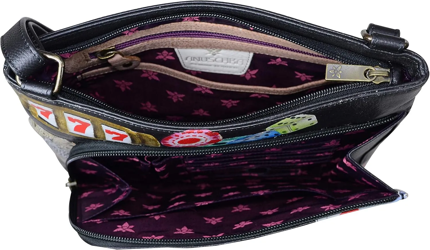 Anuschka Women's Original Hand-Painted Leather Crossbody with Front Zip Organizer & RFID Card Protection