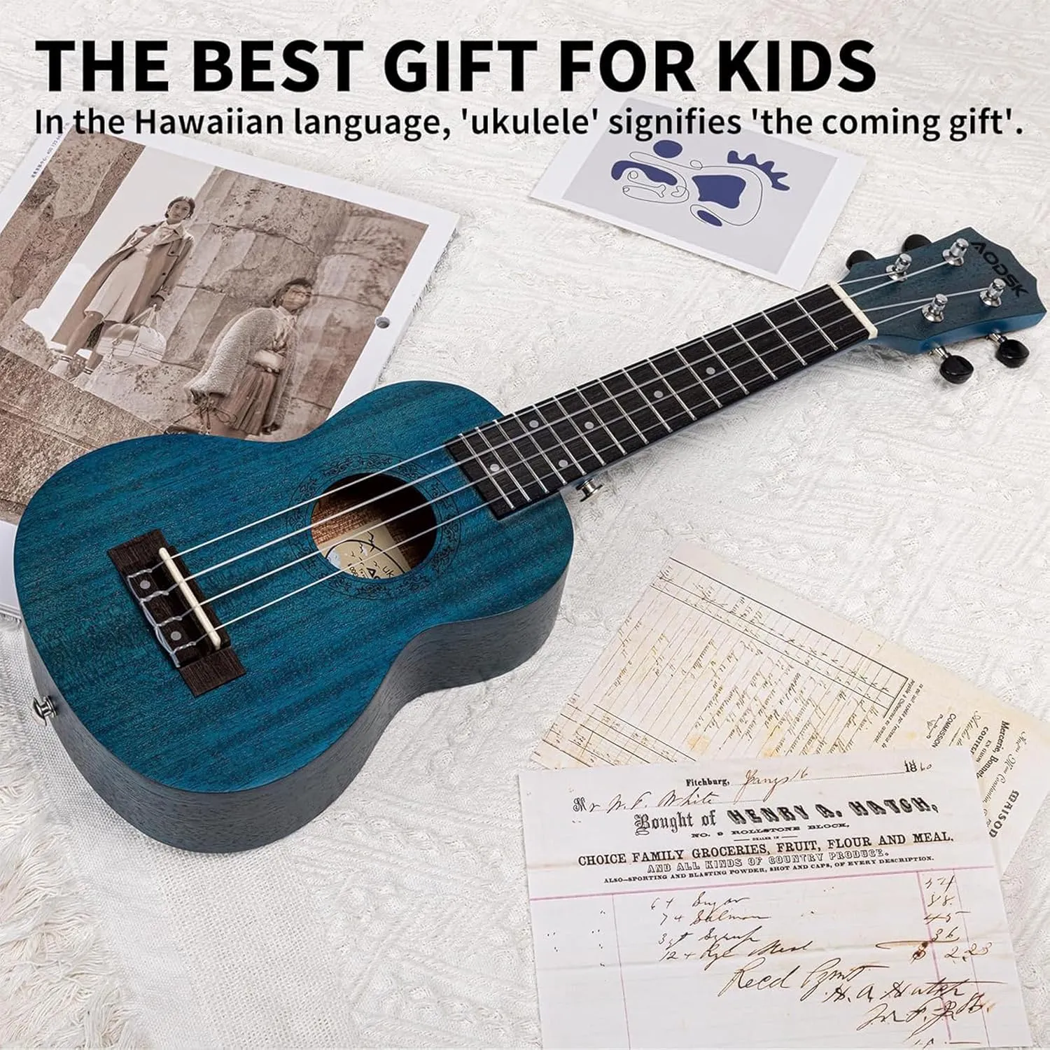 AODSK Concert Blue Ukulele for Beginner 23 Inch Uke with Gig Bag Strap Nylon String 4 Picks Holiday Gift