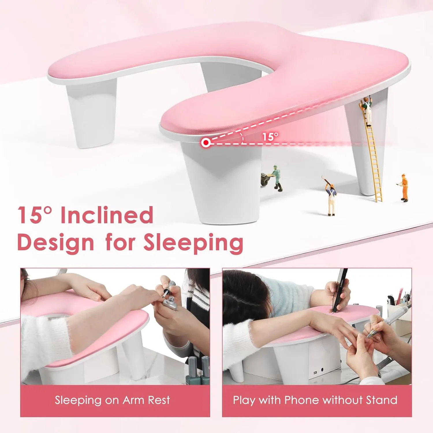 Arm Rest for Nails Tech: U-Shaped Manicure Nail Arm Rest Stand Pink Big Armrest Microfiber PU Leather Hand Rest Pillow for Acrylic Nail Cushion